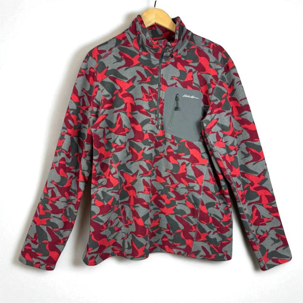 Eddie Bauer Jacket Men's Size Large Geese Camo Pullover Fleece Red Gray 1/2 Zip
